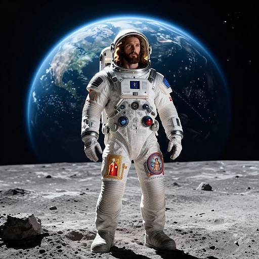 Photograph of bearded man in white astronaut suit with colorful patches, standing on moon's surface, Earth with glowing atmosphere in background.