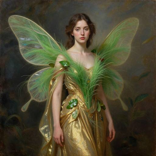 Painting of a fair-skinned woman with green fairy wings, wearing a gold, leaf-adorned dress with peacock feather accents, against a