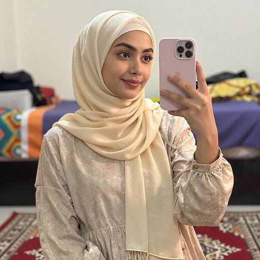 Young Woman Taking Hijab Mirror Selfie