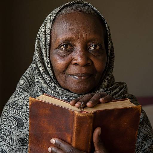 Photograph of a smiling, elderly African woman with dark skin, wearing a patterned headscarf, holding an old, brown leather book.