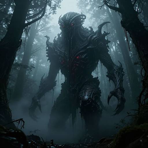 Cosmic Horror Abomination in Foggy Forest