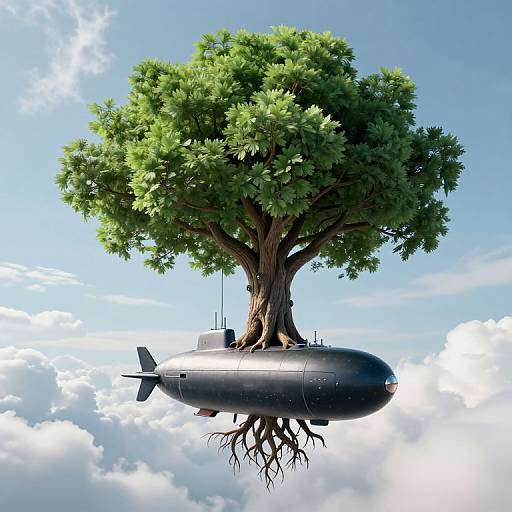 Digital illustration of a large green tree with extensive foliage growing from a black, submarine-like airship floating in a bright, blue sky with fluffy white clouds