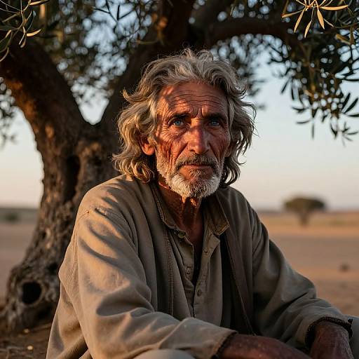 Photograph of an elderly, weathered man with gray hair and beard, wearing a worn, beige shirt, sitting under a tree in a desert landscape
