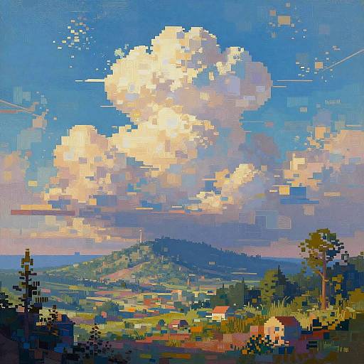 Pixel art landscape: Bright, fluffy cloud over verdant hills and colorful village houses under a vivid blue sky, with pixelated trees in the foreground.