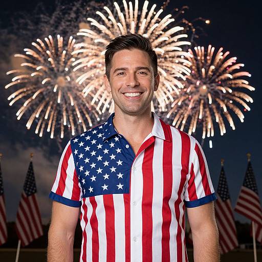 Patriotic Man Celebrating with Fireworks