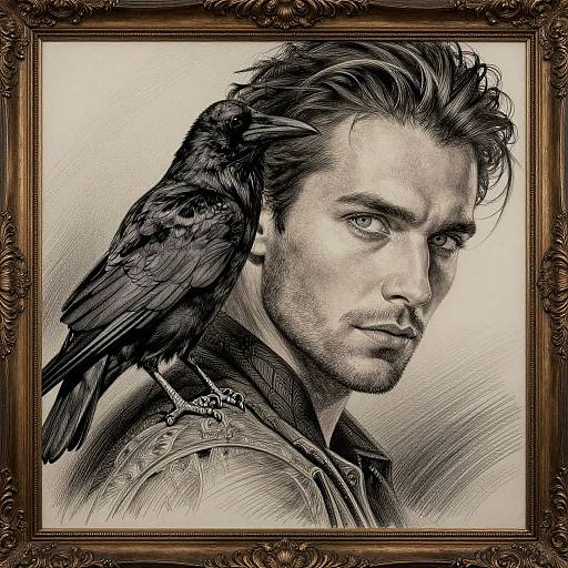Black-and-white pencil drawing of a serious man with a raven perched on his shoulder, framed in an ornate gold frame.
