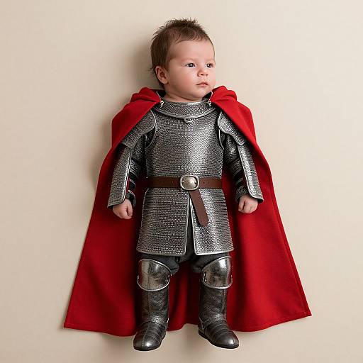 Photograph of a baby in silver medieval armor with a red cape, standing against a plain white background, looking to the side.