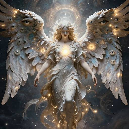 Digital artwork of a celestial angel with glowing eyes in her feathered wings, dressed in a flowing, ethereal white gown, surrounded by stars and light