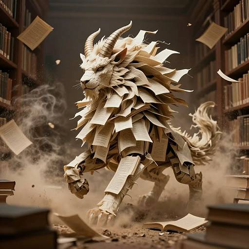 CGI fantasy artwork of a paper lion with glowing horns and fiery mane, surrounded by floating books in a dusty library.