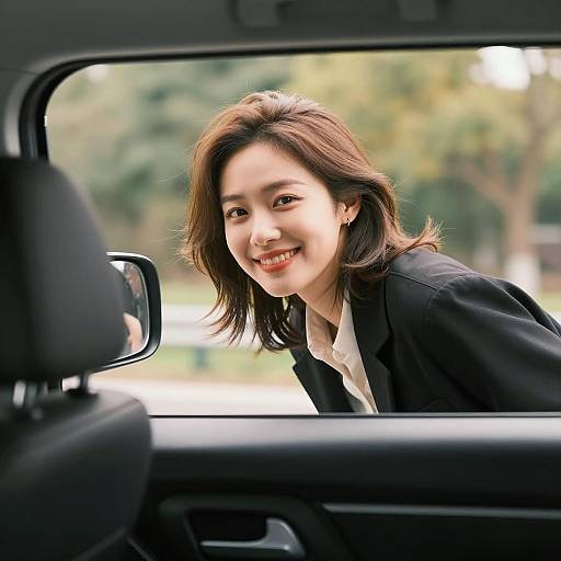 Joyful Woman in Car with Sunlight