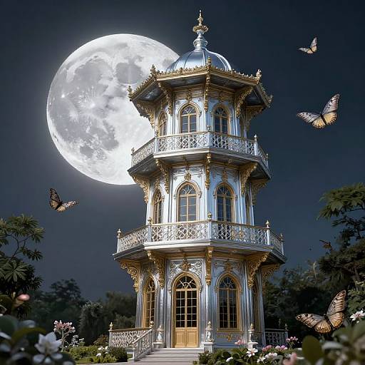 Photograph-style digital art of a silver, ornate, Victorian-style tower with a full moon behind it and butterflies flying around.