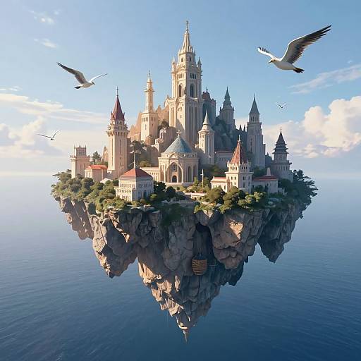 Digital fantasy artwork of a floating, castle-like island with ornate spires, surrounded by blue ocean, and two white birds flying nearby.