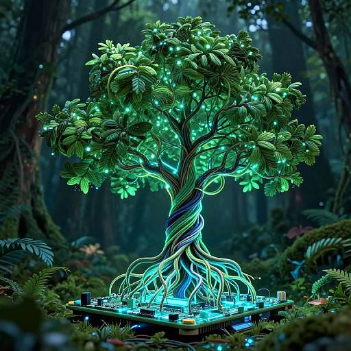 Digital artwork of a glowing, bioluminescent tree with neon green leaves and twisting, blue-lit roots, set in a dark, enchanted forest