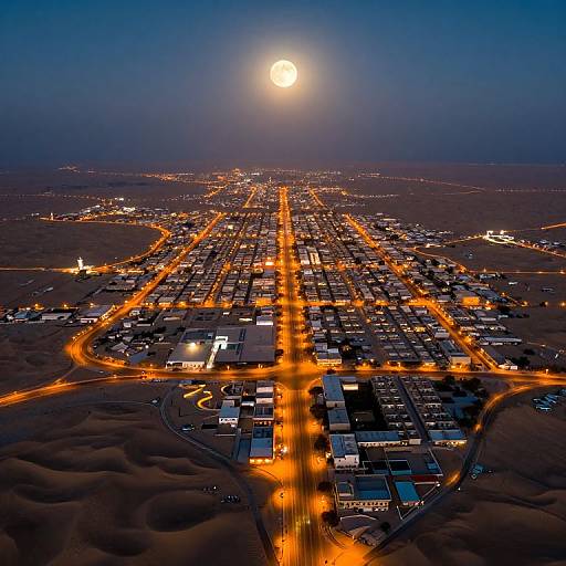 Aerial photograph of a desert town at night, illuminated by glowing streetlights, with a full moon shining brightly overhead.