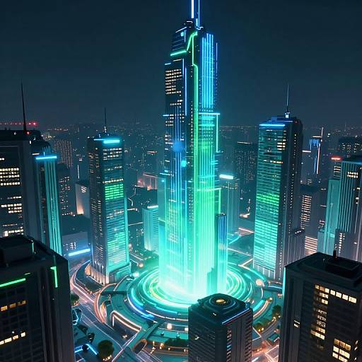 Photograph of a futuristic cityscape at night, featuring a brightly illuminated, glowing blue skyscraper at the center, surrounded by neon-lit high-rise