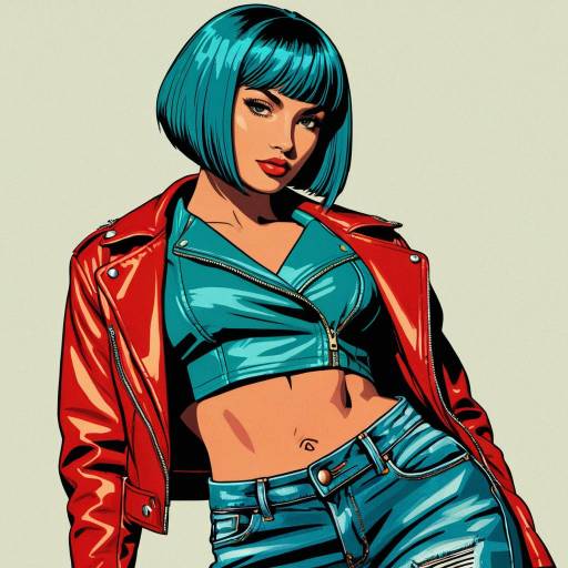 Pop Art Woman with Teal Bob and Red Jacket