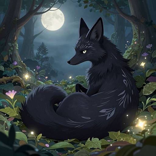 Digital artwork of a dark, glowing-eyed wolf sitting in a moonlit forest, surrounded by luminescent flowers and fireflies.