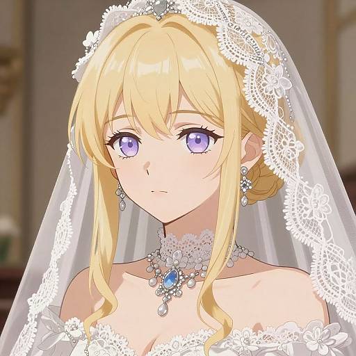 Blonde Anime Bride in Lace Veil