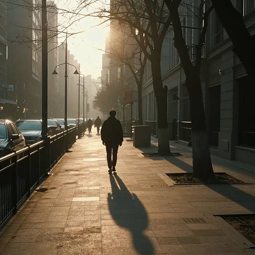 Photograph of a city sidewalk at sunrise, silhouetted person walking, sun casting long shadow, bare trees, cars, and buildings lining the