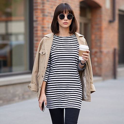 Photograph of a young woman with straight black hair, wearing round sunglasses, a striped black and white top, beige jacket, black pants, holding a
