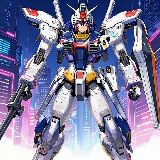 Digital anime-style drawing of a white, blue, and red mecha robot with a red head crest, holding a gun and shield, standing in a