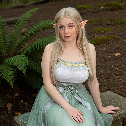 Digital artwork of a blonde, elf-eared woman with fair skin, wearing a green and white, strapless, tulle dress, sitting outdoors among