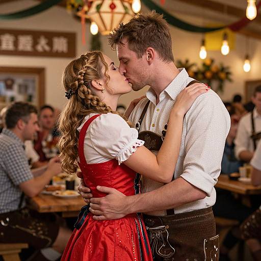 Photograph of a couple kissing in a festive, dimly-lit German restaurant. She wears a red dirndl, he sports a white shirt and