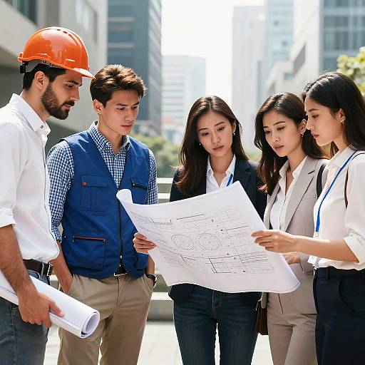 Urban Architects Reviewing Blueprints Outdoors
