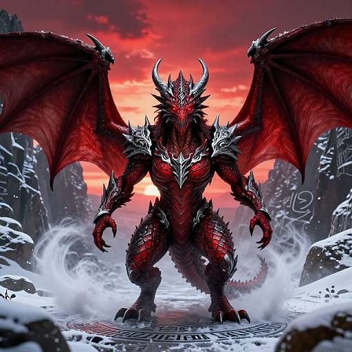Digital art of a fierce red dragon with black spikes, large wings, and glowing eyes, standing in a snowy, mountainous landscape at sunset.