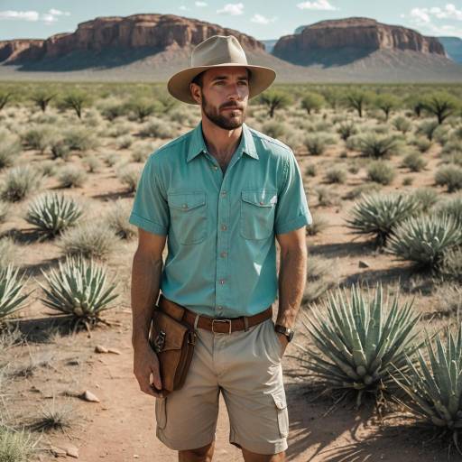 Man in Safari Outfit Standing in Cactus Field
