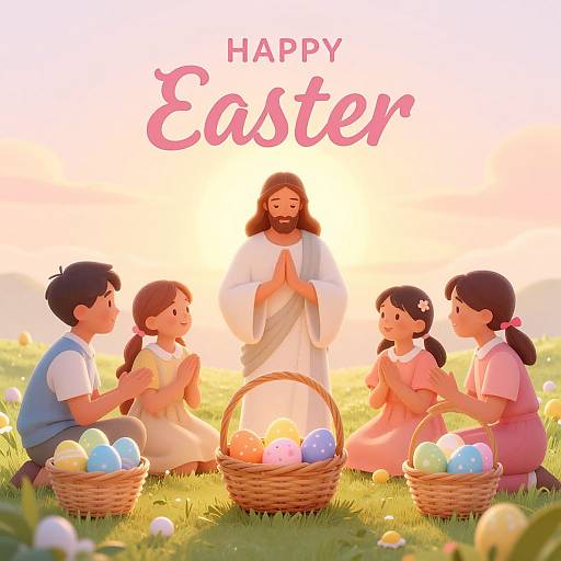 Digital illustration of Jesus blessing four children holding Easter baskets with colorful eggs, 