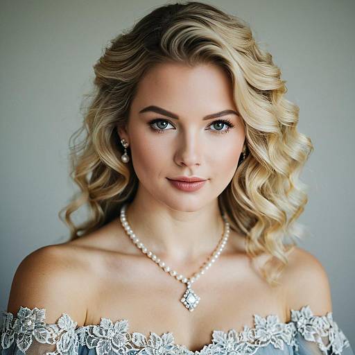 Elegant Blonde Woman with Wavy Hair and Lace Dress