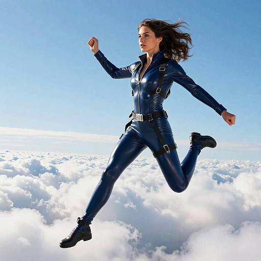 Photograph of a woman with long brown hair, wearing a shiny black leather jumpsuit, running gracefully above a sea of white clouds against a bright blue