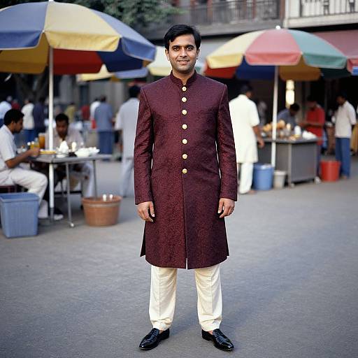Photograph of a South Asian man in a dark maroon traditional long coat with gold buttons, white pants, and black shoes, standing in a bustling