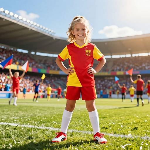 Photograph of a smiling blonde girl in a Spanish soccer uniform, standing confidently on a sunlit stadium field with spectators and flags in the background.
