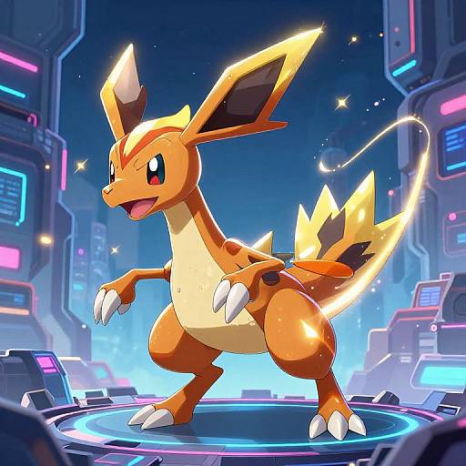 Digital illustration of a vibrant, orange, electric-type Pokémon with yellow accents, large ears, and glowing tail, standing confidently in a futuristic, neon-l