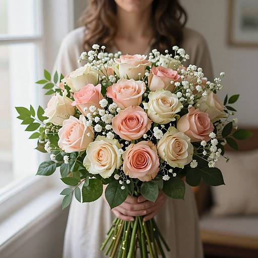 Photograph of a woman with wavy brown hair, wearing a white dress, holding a bouquet of pink and white roses with green leaves and small white