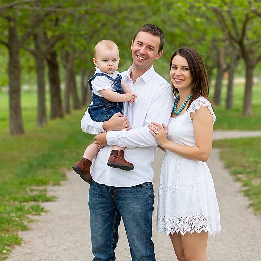 Photograph of a smiling couple with a baby; man in white shirt and jeans, woman in white lace dress, standing on a tree-lined path.