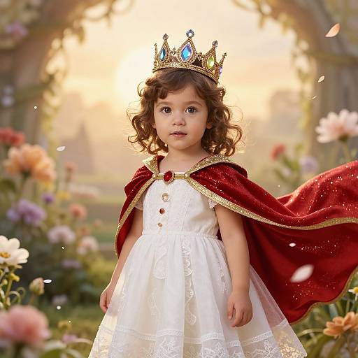 Photograph of a curly-haired toddler girl in a white dress and red royal cape, wearing a gold and blue jeweled crown, standing in a sun
