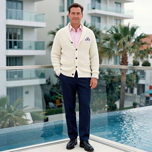 Photograph of a middle-aged man with short dark hair, wearing a white checkered blazer, pink shirt, and navy pants, standing by a