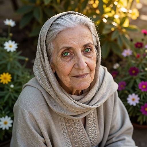 Photograph of an elderly woman with silver hair, green eyes, and wrinkled skin, wearing a beige headscarf and embroidered blouse, surrounded by