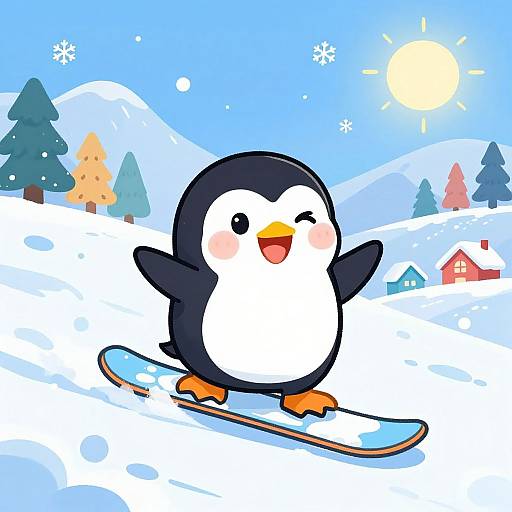 Joyful Penguin Snowboarding Cartoon