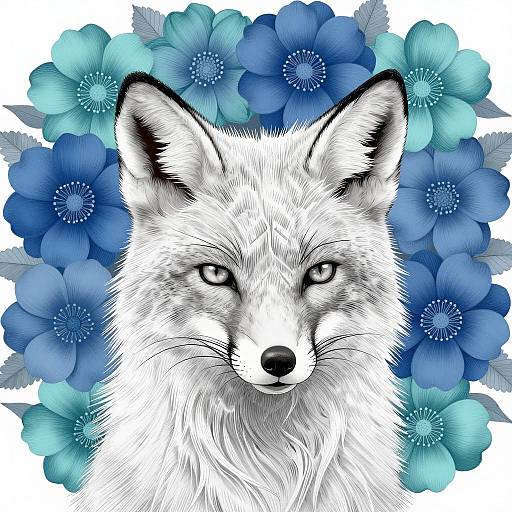 Intricate White Fox Surrounded by Flowers