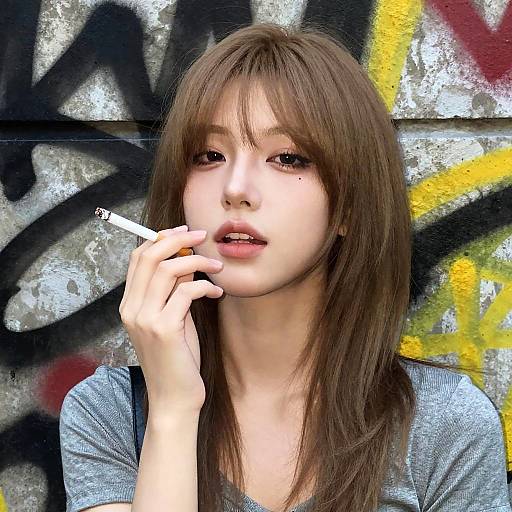 Photograph of a young woman with long brown hair, wearing a gray shirt, smoking a cigarette against a graffiti-covered wall.