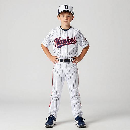Photograph of a young boy in a white pinstriped baseball uniform with 