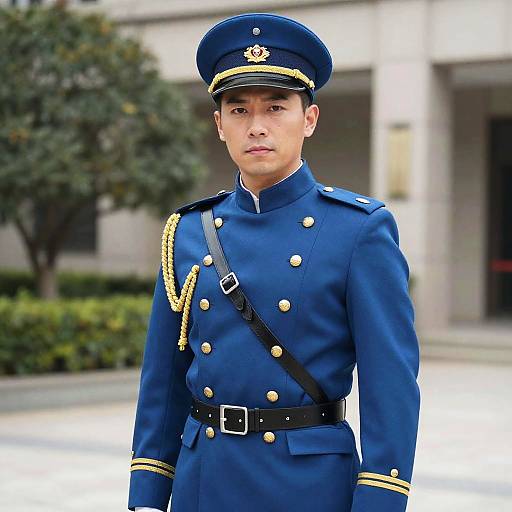 Photograph of a young Asian male soldier in a blue military uniform with gold trim, black belt, and hat, standing outdoors in front of a blurred