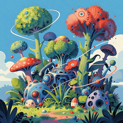 Vibrant digital illustration of surreal, colorful plants and futuristic robots with large eyes, set against a bright blue sky with clouds.