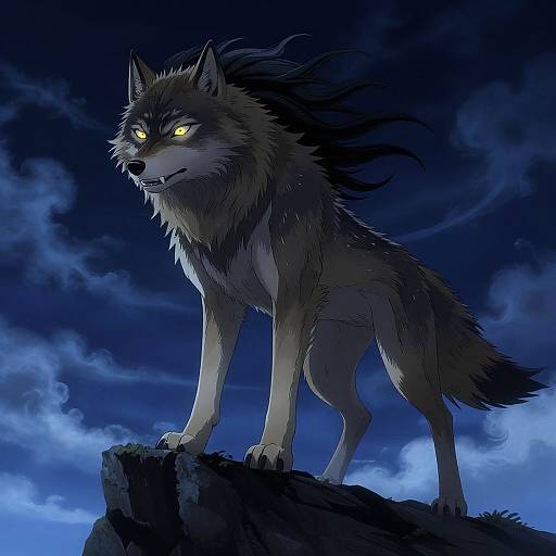 Digital illustration of a fierce, glowing-eyed wolf with dark fur standing on a rocky cliff at night, against a blue, cloudy sky.