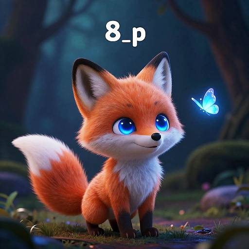 Adorable Cartoon Baby Fox with Glowing Blue Eyes