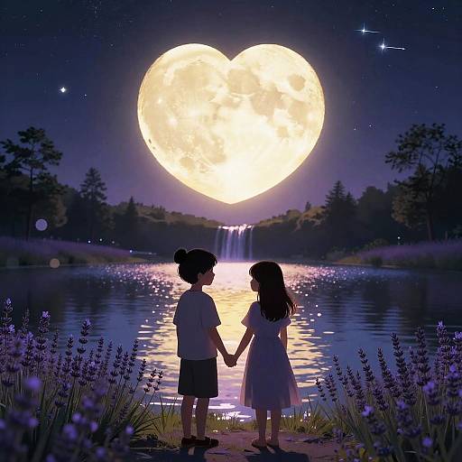 Digital illustration of a boy and girl holding hands, facing a glowing heart-shaped moon over a reflective lake, with a small waterfall in the background, surrounded